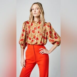 NWT $425 Smythe Floral Shirred Pocket Blouse In Brown